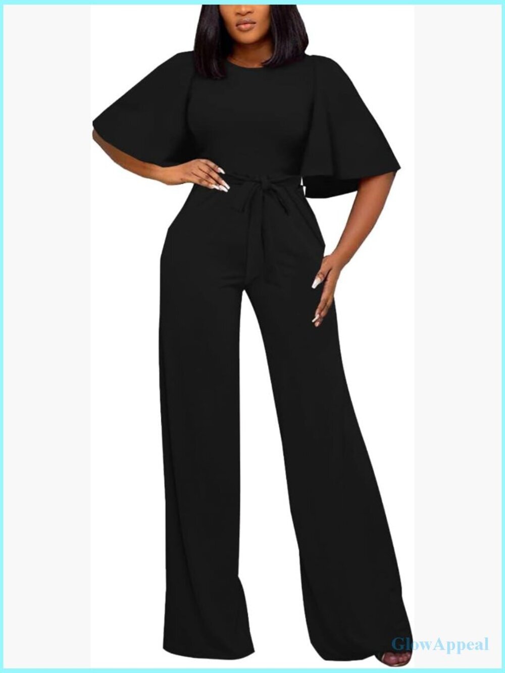 Womens Loose Short Sleeve Belted Wide Leg Pant Romper Jumpsuit One Piece